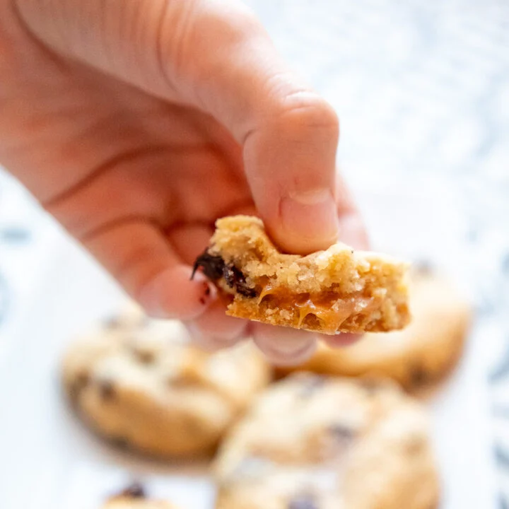 Broken piece of caramel chocolate chip cookie